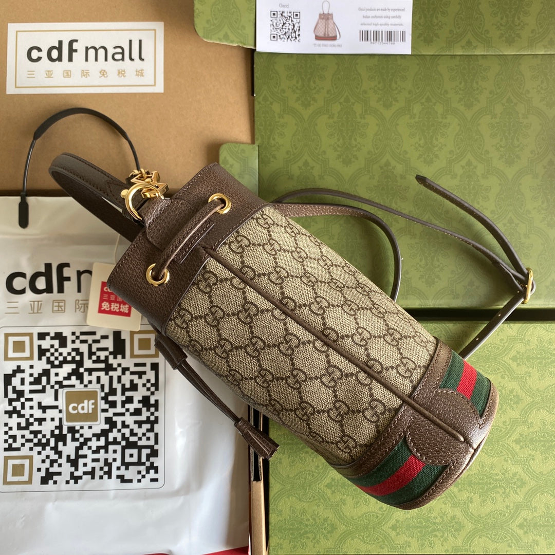 SAC SEAU OPHIDIA MOYEN 26 AVEC TOILE EN TOILE BEIGE ÉBÈNE ET CUIR DE VEAU MARRON