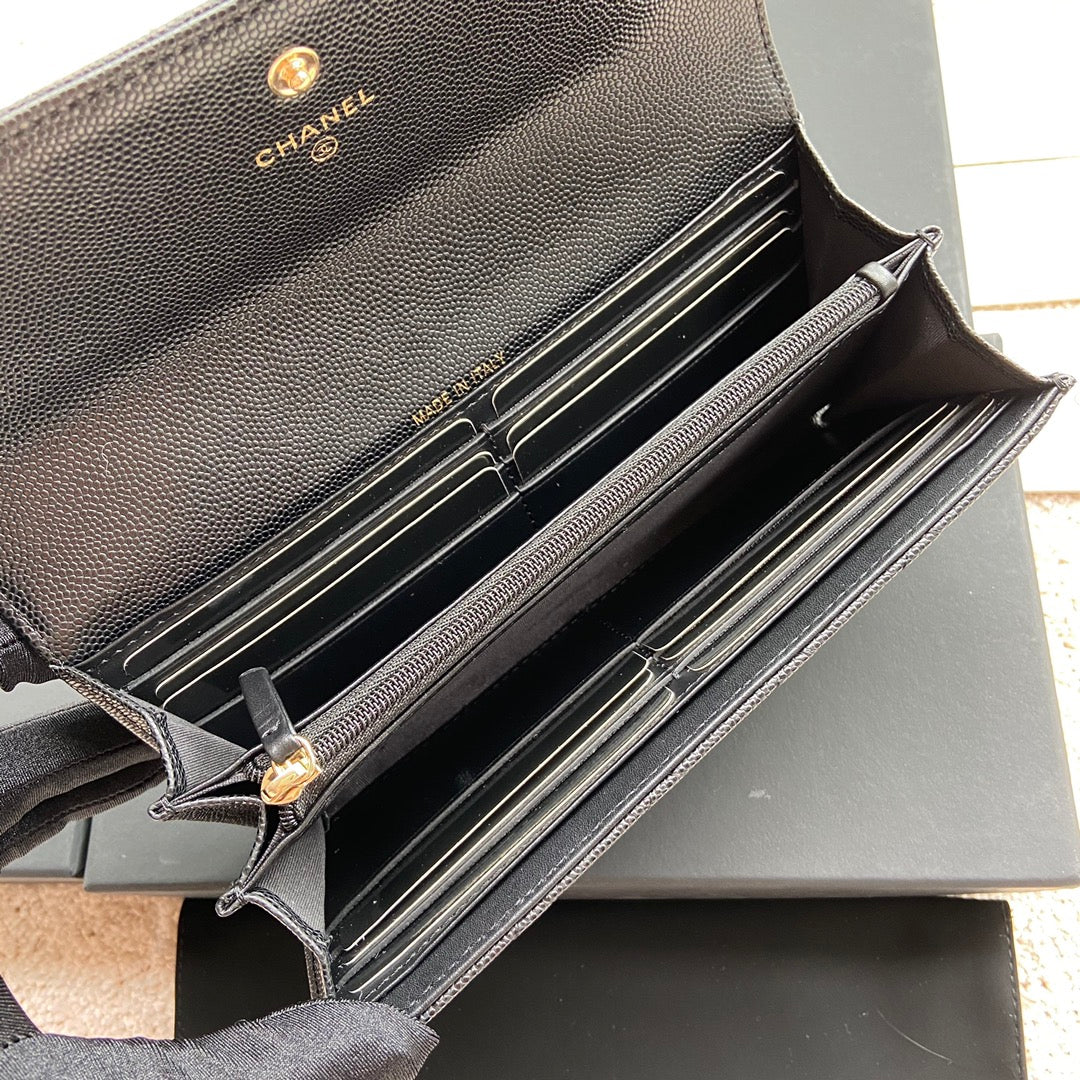 Portefeuille long CC Classic 19 cm en cuir de veau grainé noir
