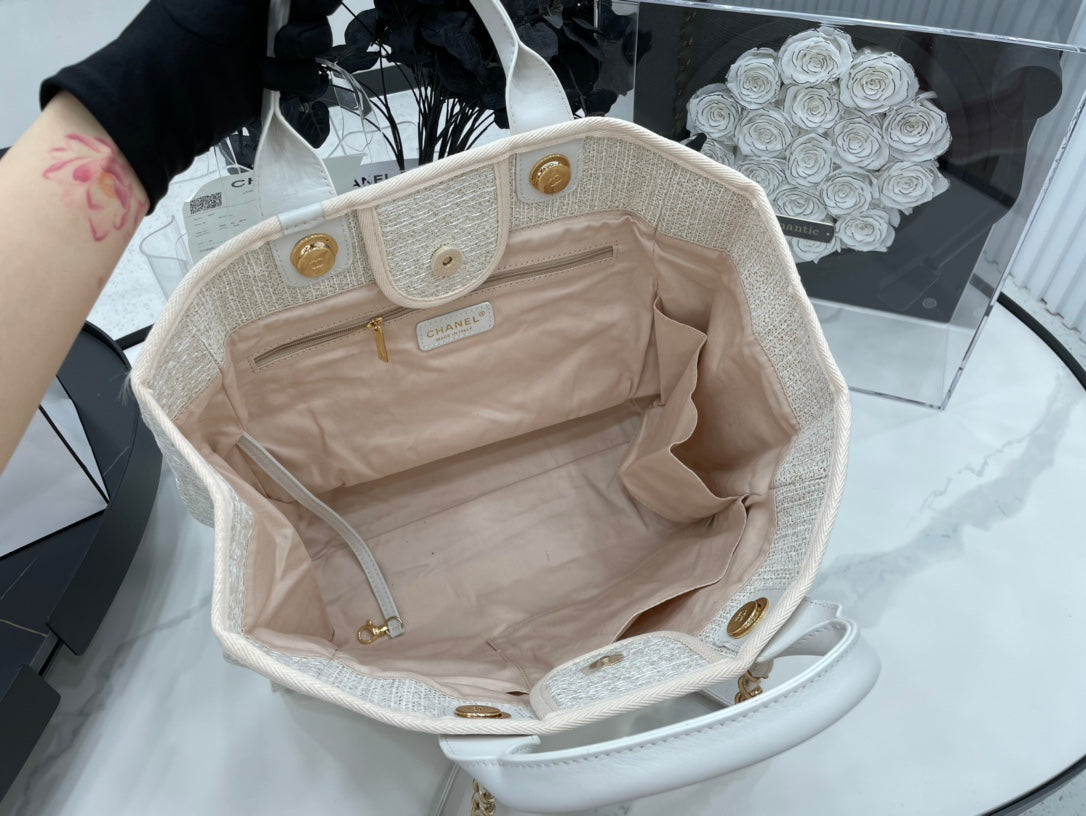 Sac CC Deauville en tweed, cuir blanc, accessoires dorés, 4