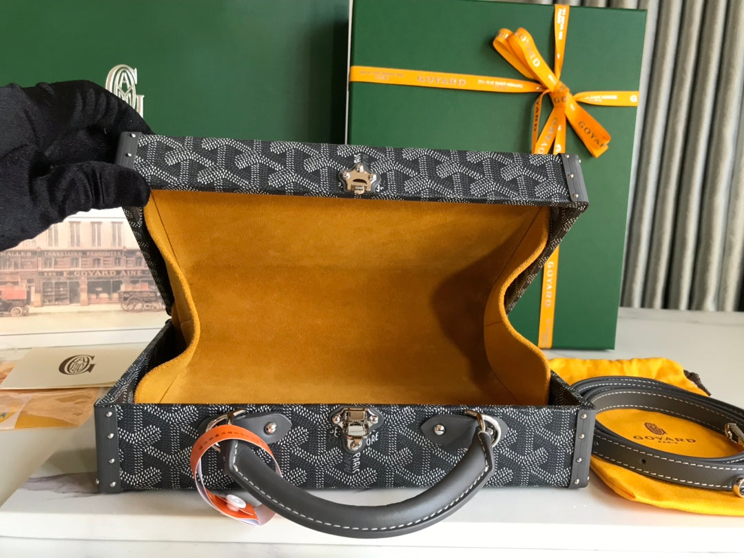 SAC COFFRE GRAND HÔTEL 24 EN TOILE GOYARDINE GRIS NOIR ET CUIR DE VEAU