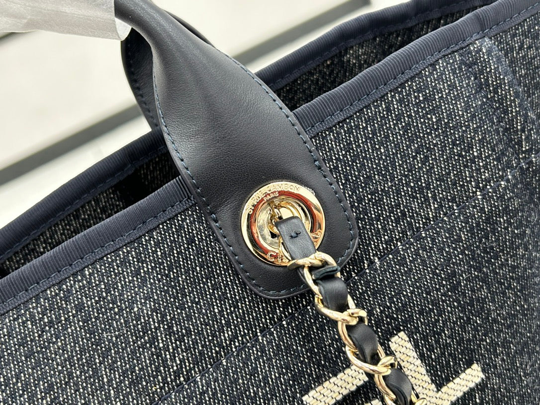 Sac CC Deauville Tweed 33x26x15,5cm Cuir Noir Ferrures Dorées 26