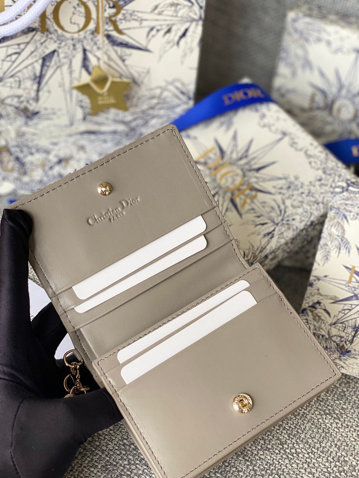 Portefeuille compact CD Caro 11 cm en cuir de veau gris