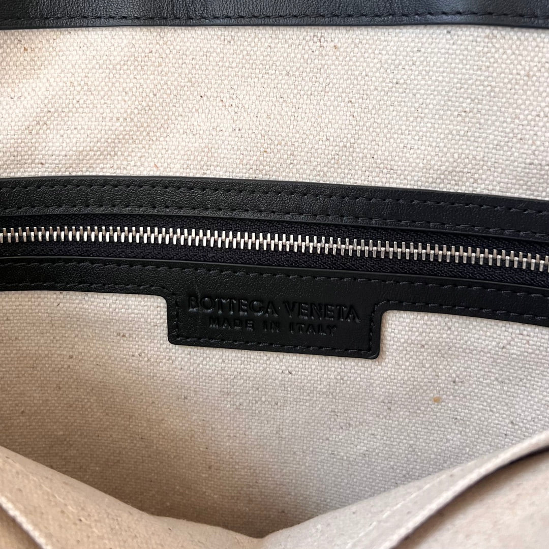 SAC CABAS PORTELLO 41 EN CUIR DE VEAU NOIR ET TOILE BLANCHE
