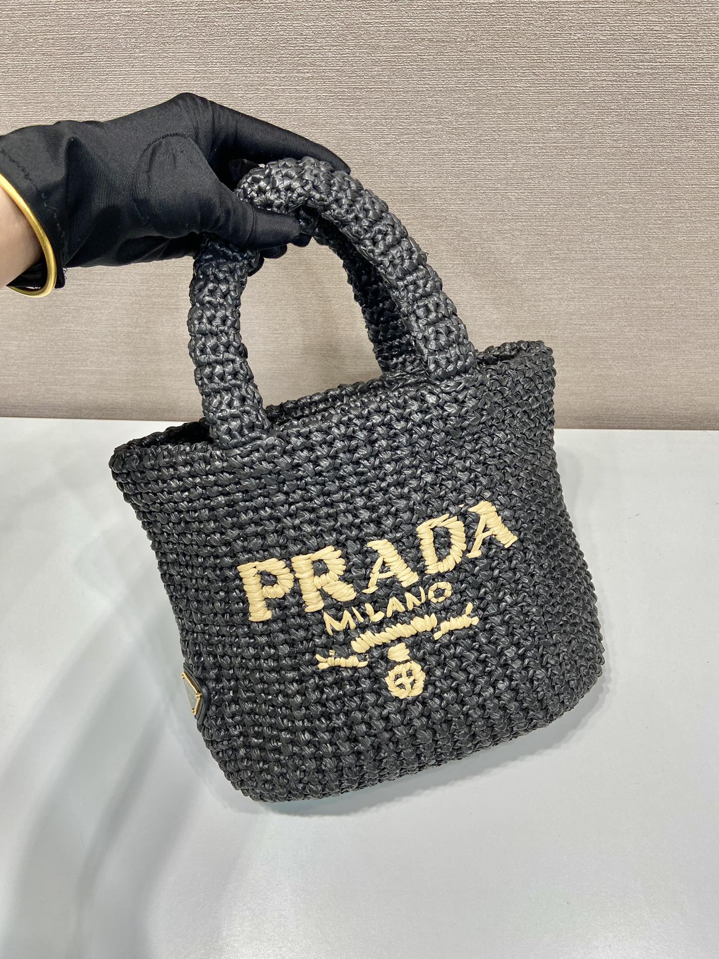 スモールクロシェトートバッグ 24インチ ブラックミックスイエローラフィア