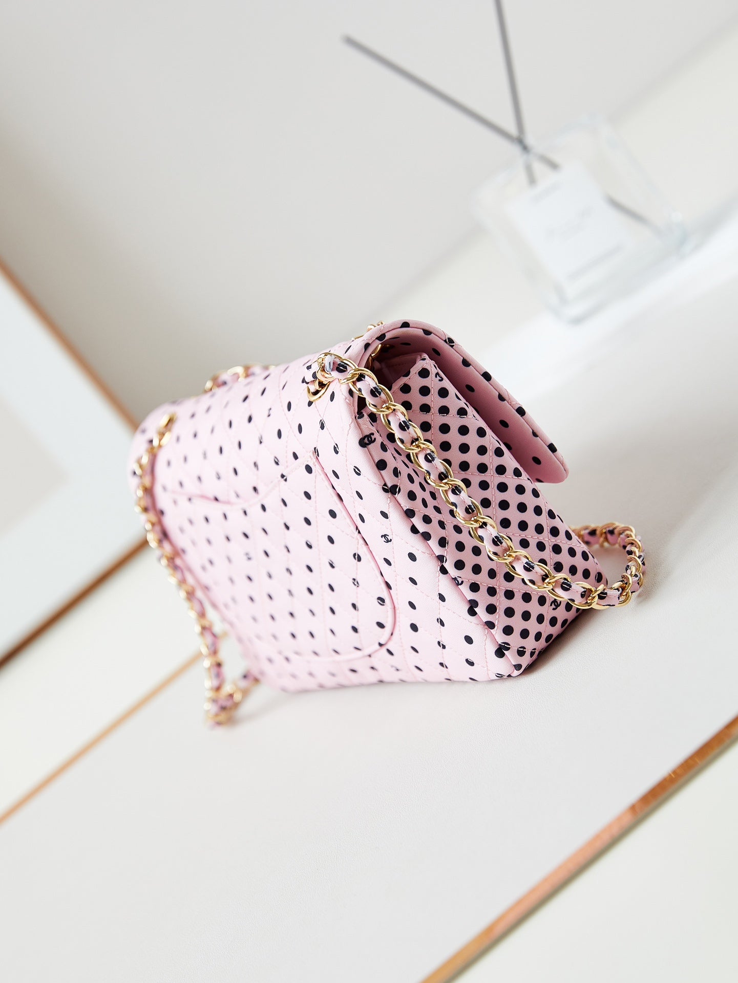 Sac à rabat moyen 24p 25cm toile rose pois noirs