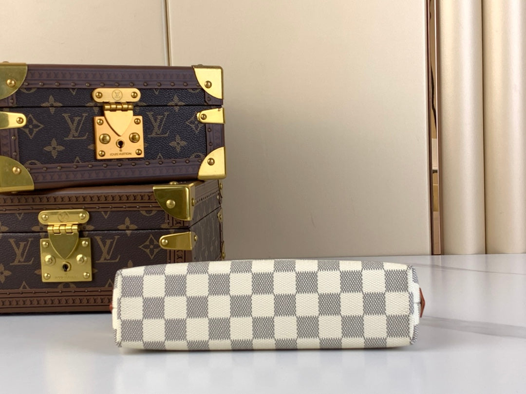 TROUSSE À COSMÉTIQUES 22 EN TOILE DAMIER AZUR BLANC GRIS
