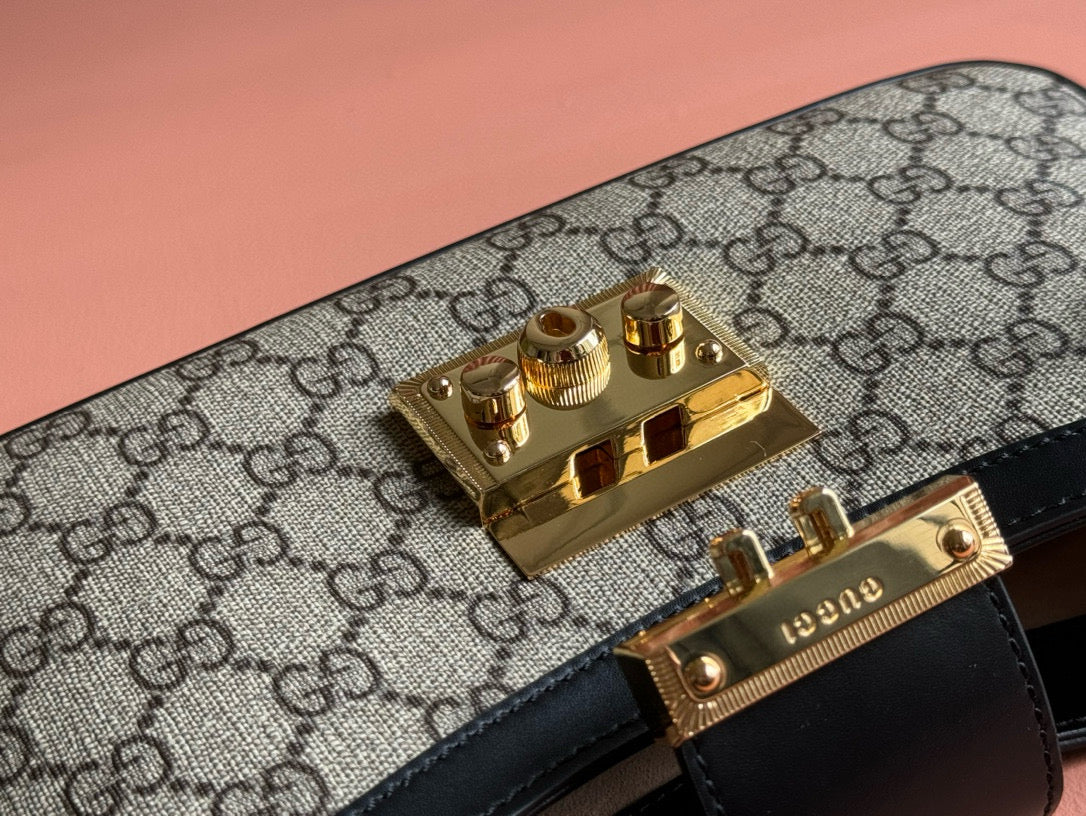 Cadenas GG petit format 24 en toile beige et cuir de veau noir