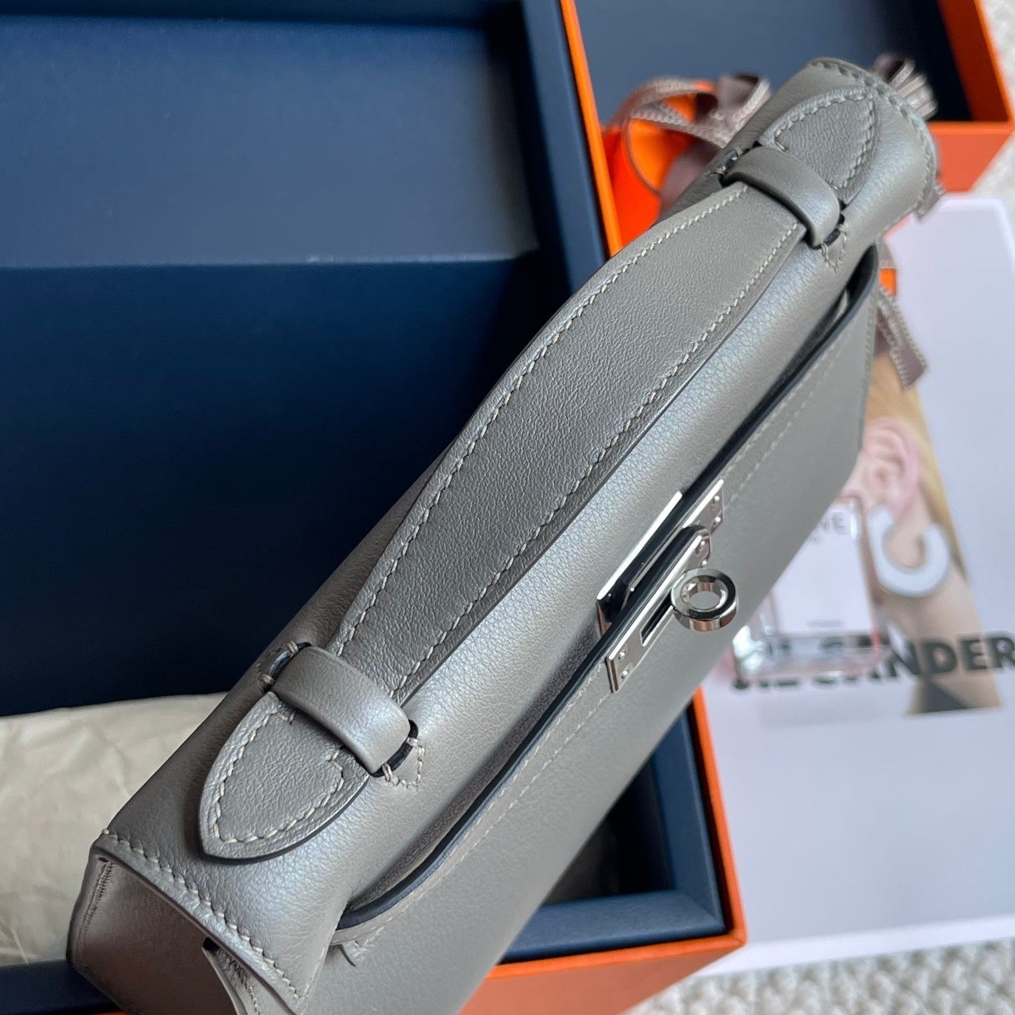 Pochette HM Kelly 22 cm Gris fumé Swift Ferrures argentées