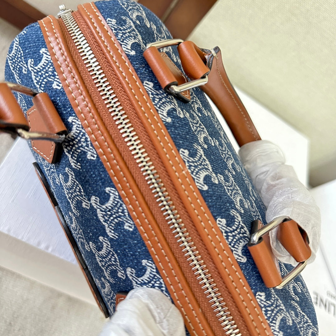 スモール ボストン 19 スペースブルー トリオンフ デニムとブラウン カーフスキントリム