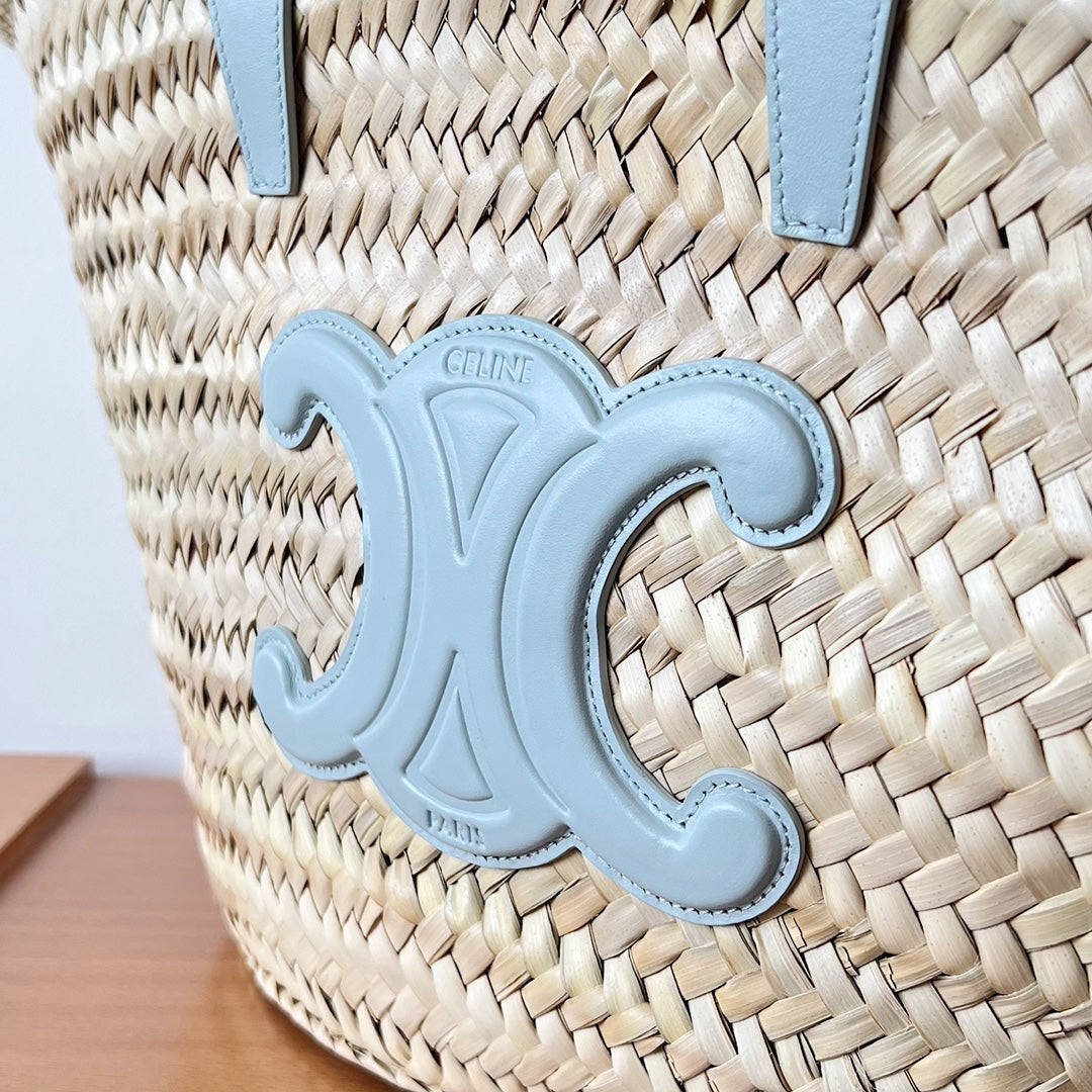 Sac à dos classique souple pour adolescent 21 cm en raphia et cuir de veau bleu nuage