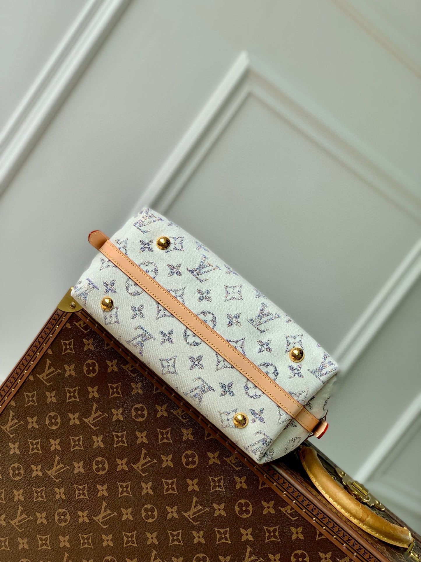 Lv CarryAll 29 Cuir beige Tissu jacquard monogramme blanc