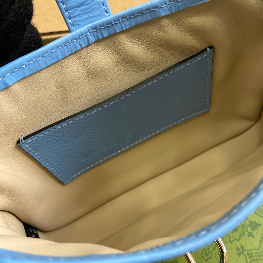 MINI SAC JACKIE NOTTE 19 EN CUIR DE VEAU LAQUÉ CRAQUELÉ BLEU OCÉAN, QUINCAILLERIE DORÉ