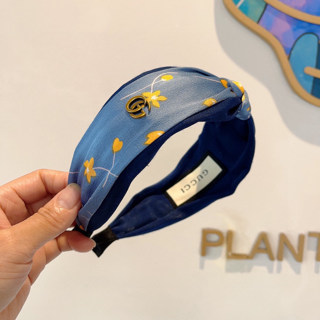BANDEAU À CHEVEUX IMPRIMÉ FLEURI EN SOIE BLEU BLEUET 398862