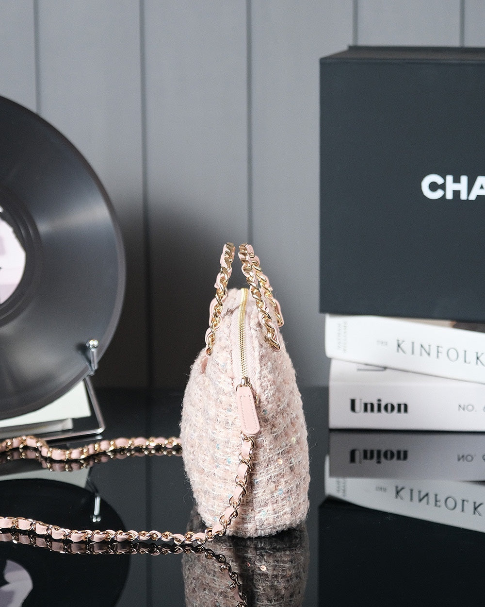PETIT SAC CABAS 20 EN TWEED ROSE CLAIR QUINCAILLERIE DOREE