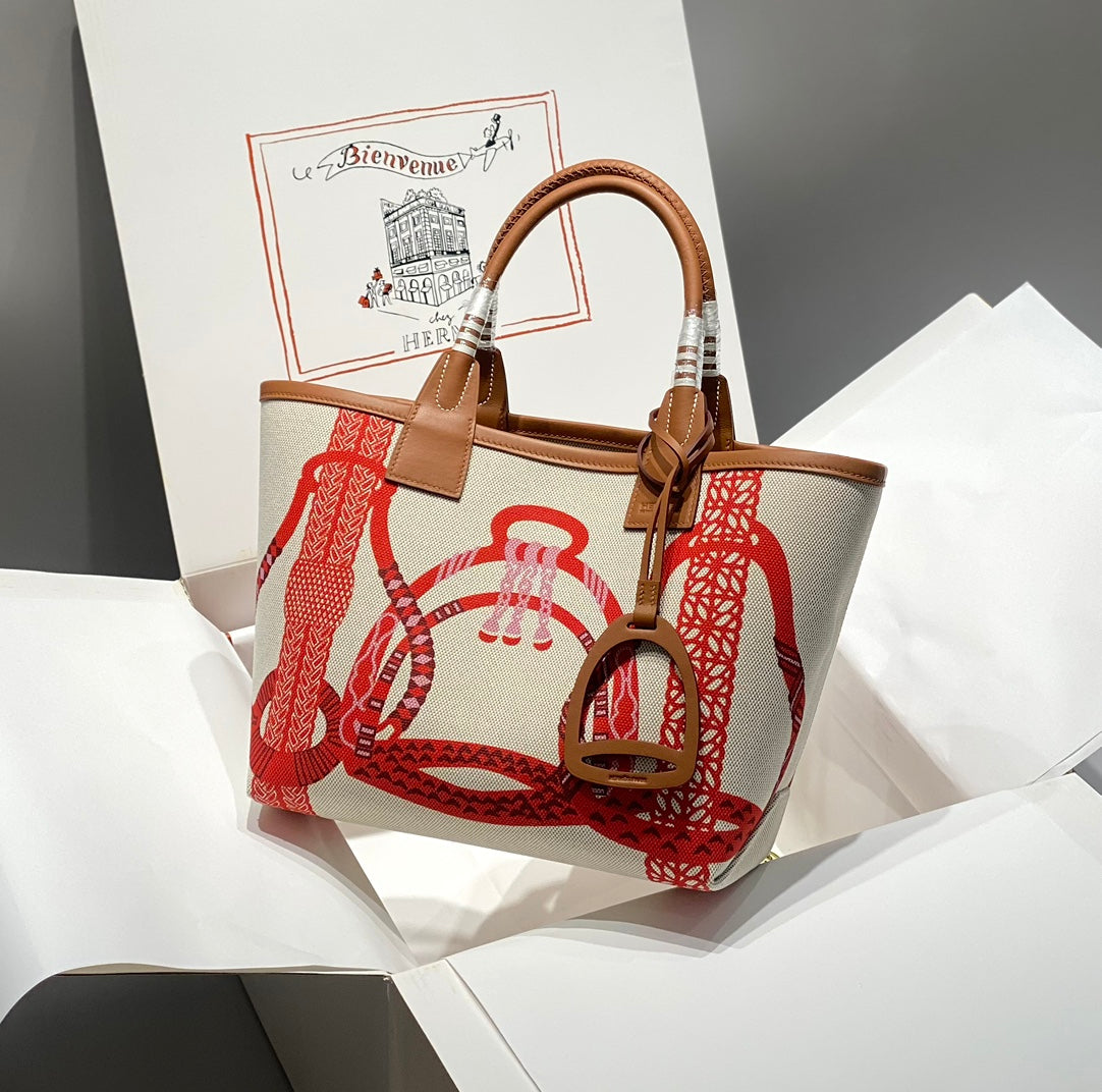 Sac HM Steeple 28 en cuir de veau marron, blanc et rouge