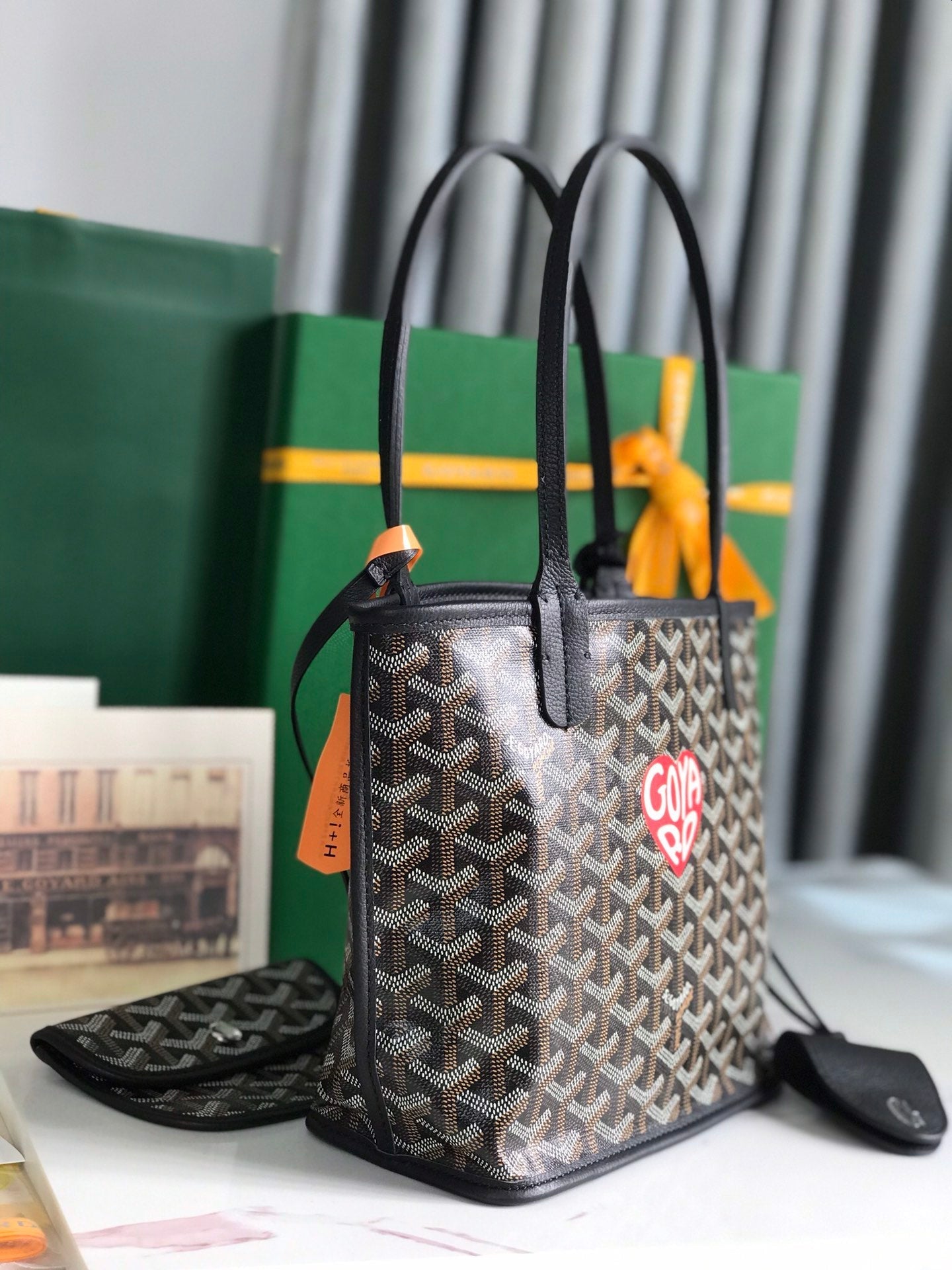 Mini sac Anjou 20 en cuir de veau noir et toile Goyardine