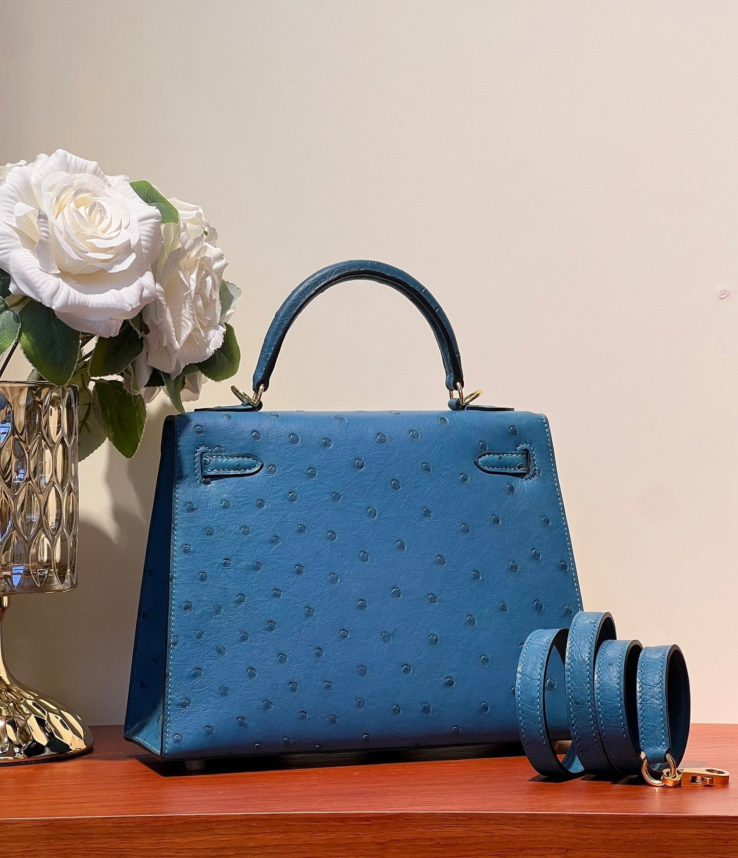KELLY SELLIER 25 BAG IN ROYAL BLUE OSTRICH LEATHER (MADE - TO - ODER)