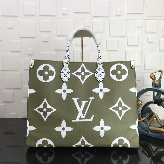 ONTHEGO GM 41 KAKI BLANC BEIGE MONOGRAMME TOILE ENDUITE GÉANTE