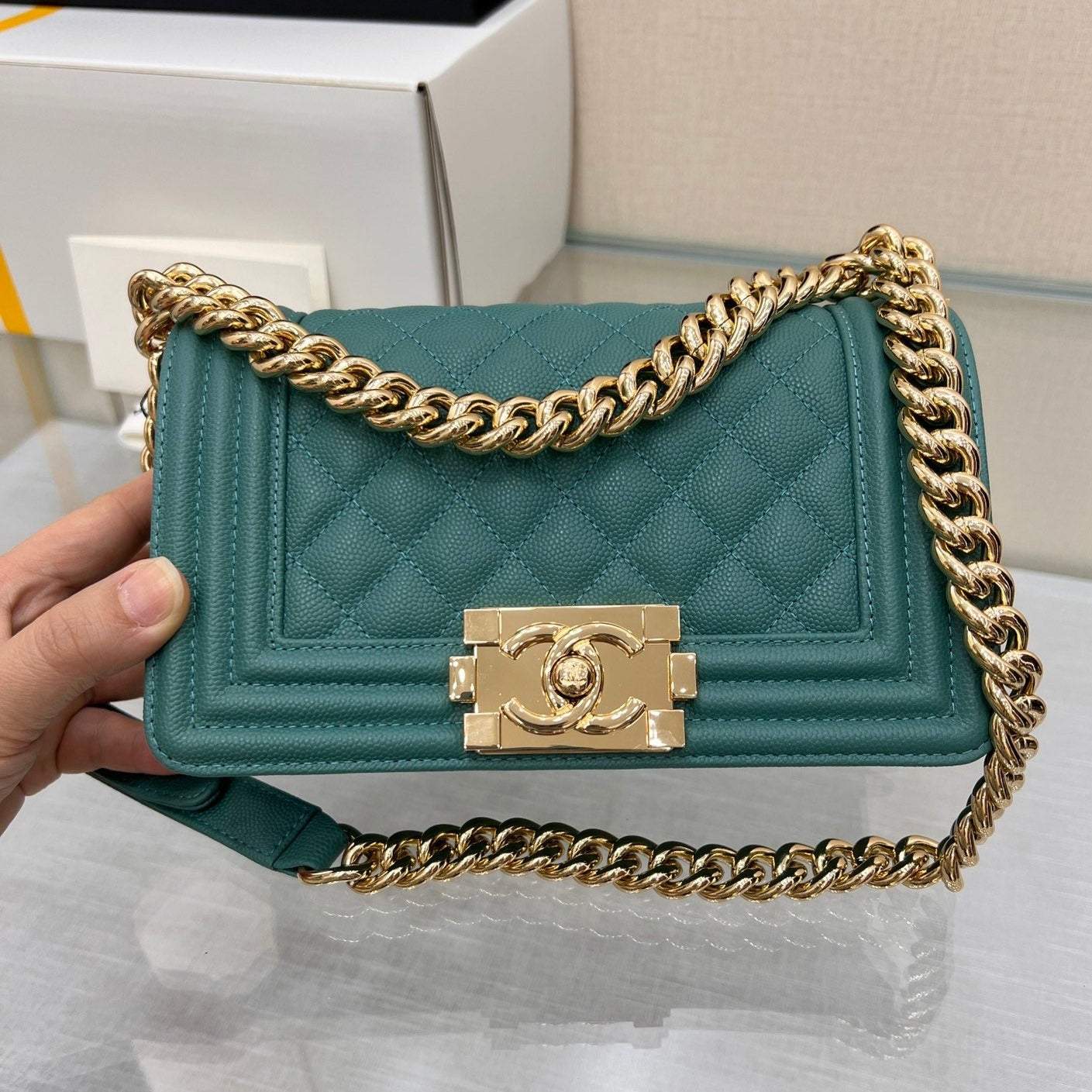 ボーイズバッグ スモール 20 エバーグリーン キャビア ゴールド金具