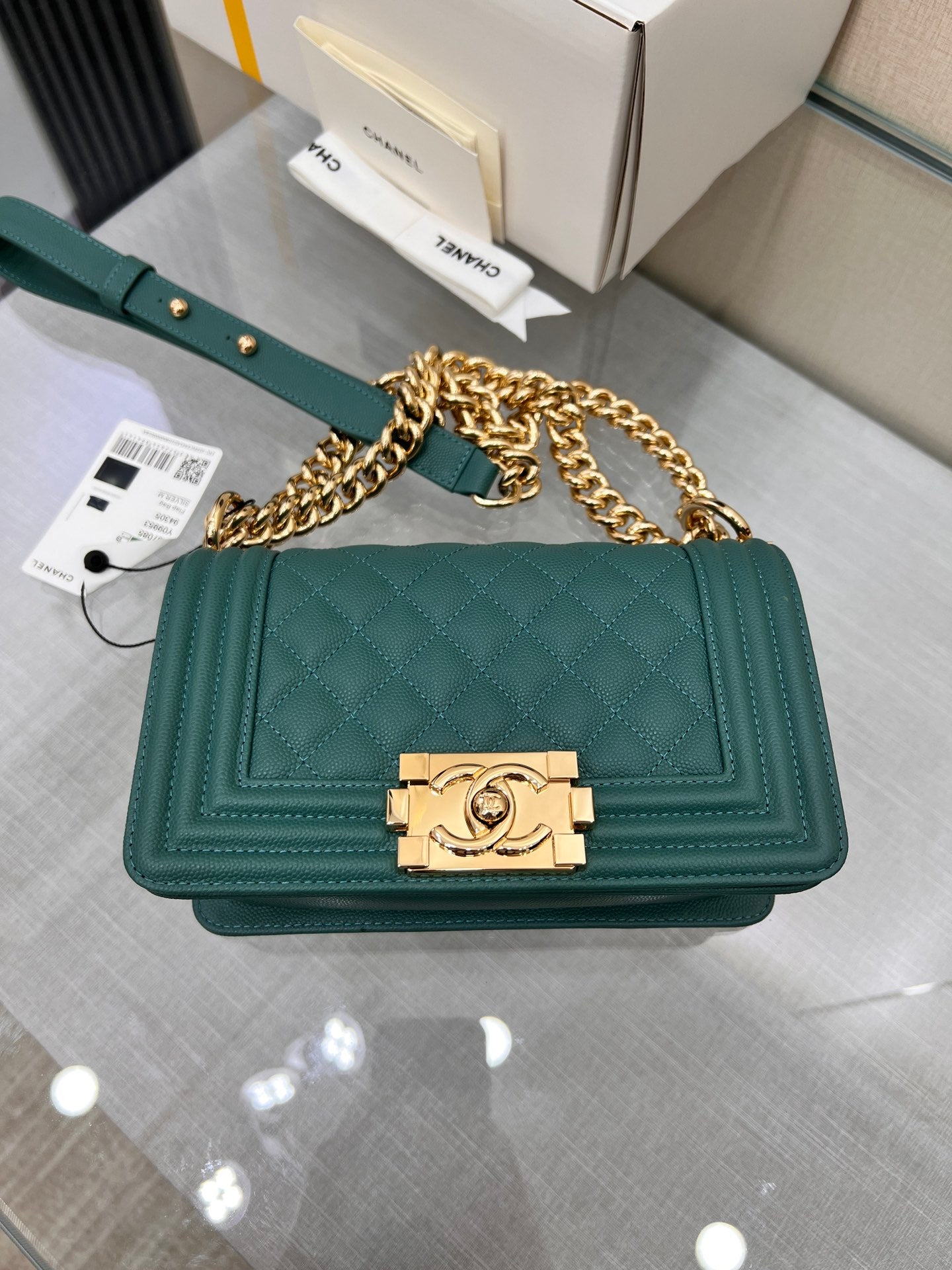 ボーイズバッグ スモール 20 エバーグリーン キャビア ゴールド金具