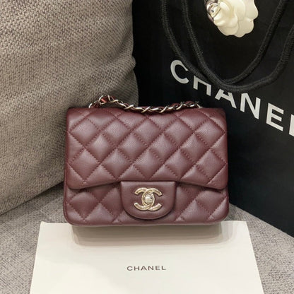 ミニスクエアフラップバッグ 17cm チョコレートキャビア シルバー金具