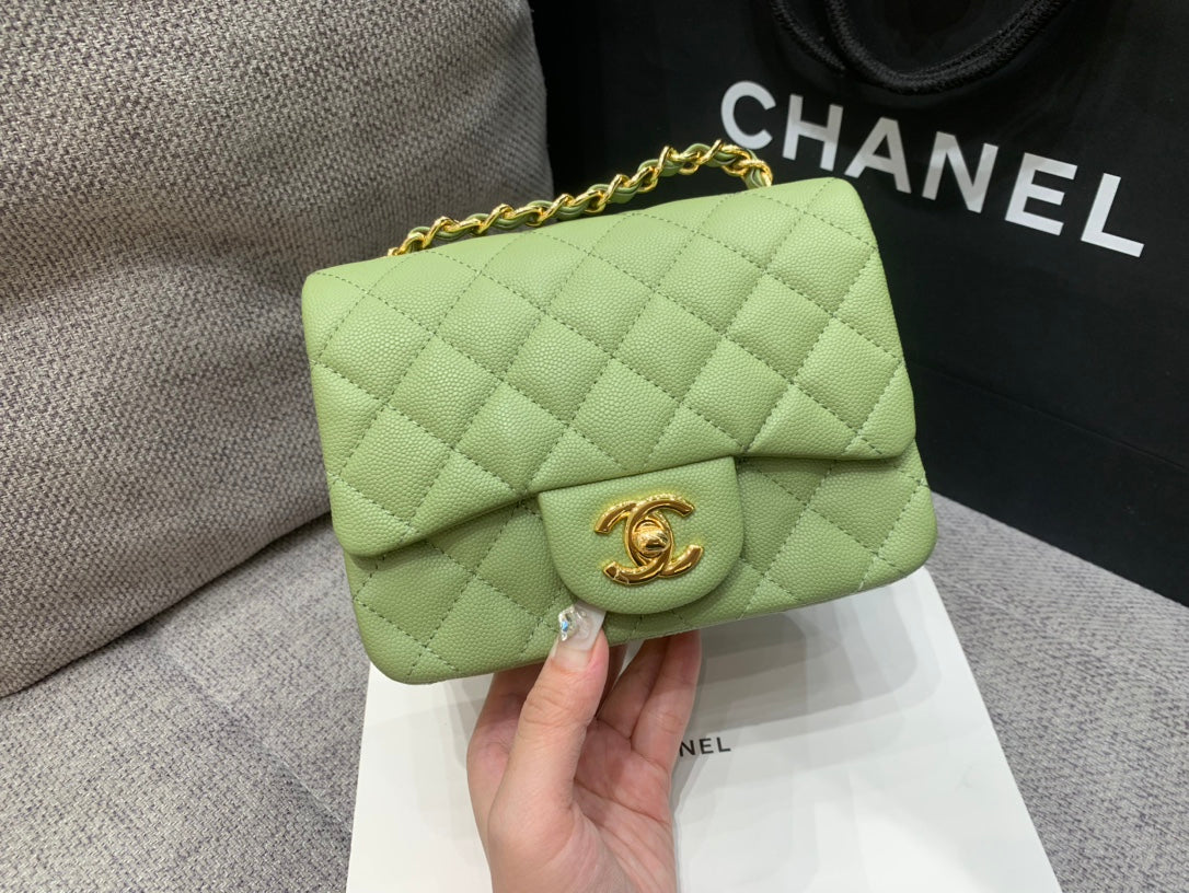 MINI SAC À RABAT CARRÉ 17 CM VERT CAVIAR QUINCAILLERIE OR
