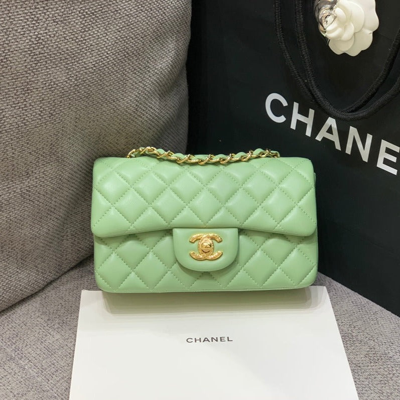 MINI SAC À RABAT RECTANGLE 20 CM CUIR D'AGNEAU LIME QUINCAILLERIE DORÉ