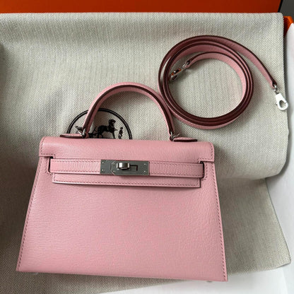 HM KELLY MINI 20 ROSE CHEVRE QUINCAILLERIE ARGENTÉE