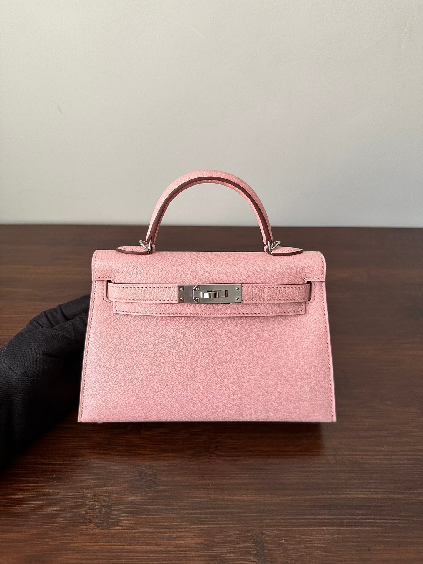 HM KELLY MINI 20 ROSE CHEVRE QUINCAILLERIE ARGENTÉE