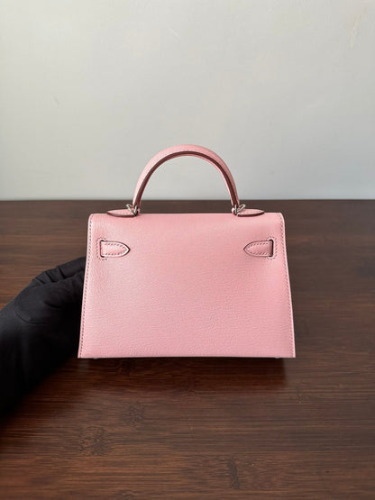 HM KELLY MINI 20 ROSE CHEVRE QUINCAILLERIE ARGENTÉE