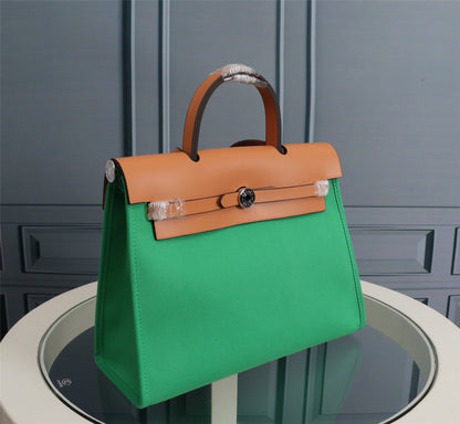 HM HERBAG ZIP 31 TOILE VERT BAMBOU ET BRONZE