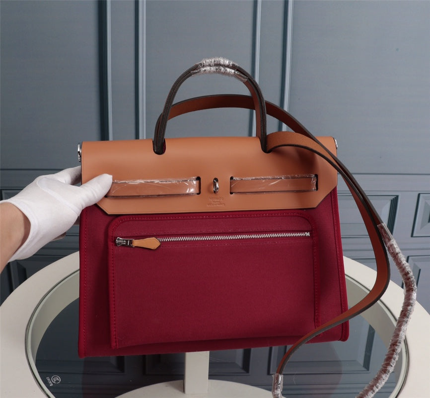 HM HERBAG ZIP 31 TOILE ROUGE VIN ET CUIVRE