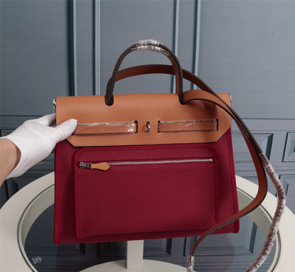 HM HERBAG ZIP 31 TOILE ROUGE VIN ET CUIVRE