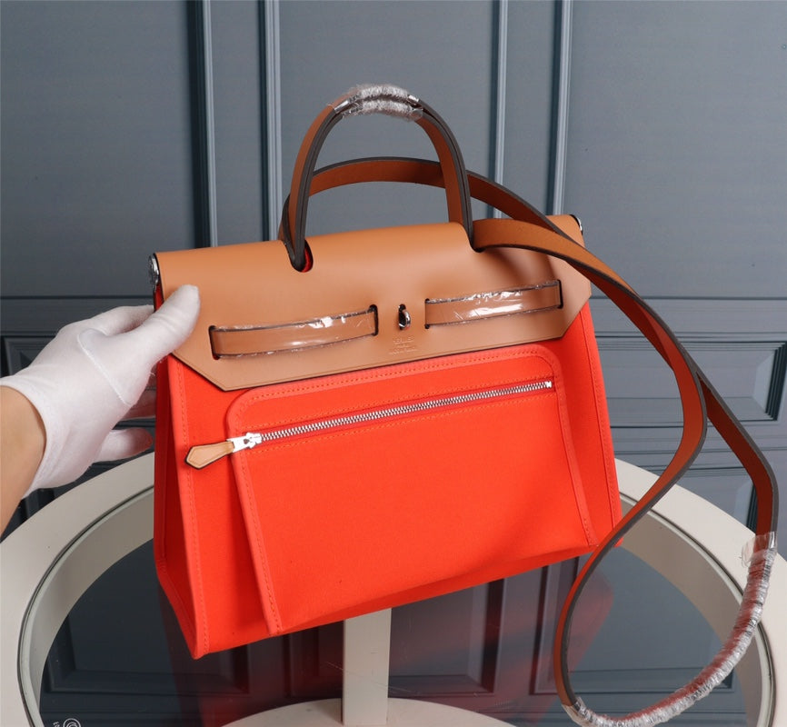 HM HERBAG ZIP 31 TOILE ROUGE ORANGE ET CUIVRE