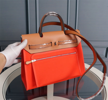 HM HERBAG ZIP 31 TOILE ROUGE ORANGE ET CUIVRE