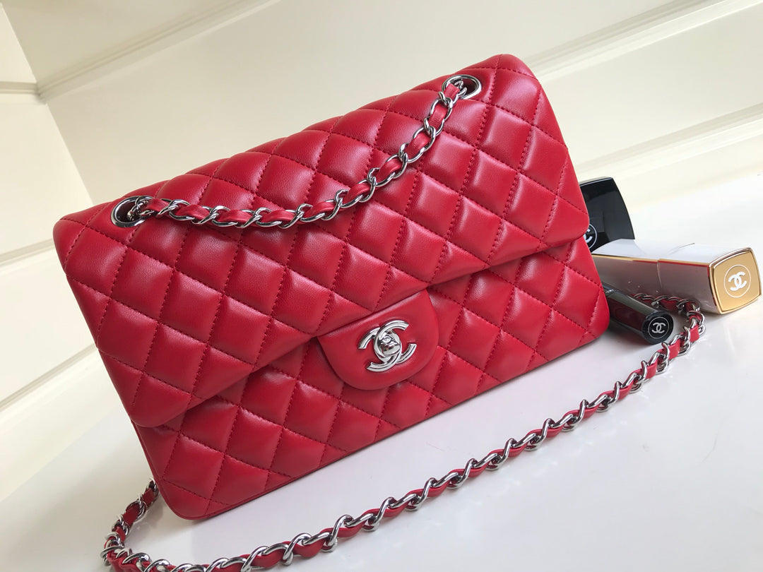 フラップバッグ ミディアム 25cm レッド ラムスキン シルバー金具