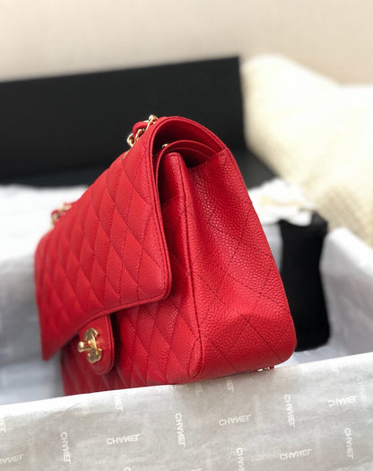 フラップバッグ ミディアム 25cm レッドキャビア ゴールド金具