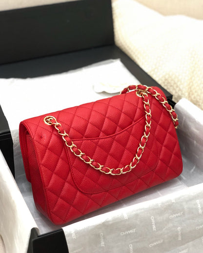 フラップバッグ ミディアム 25cm レッドキャビア ゴールド金具
