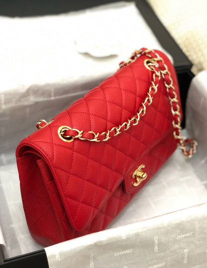 フラップバッグ ミディアム 25cm レッドキャビア ゴールド金具