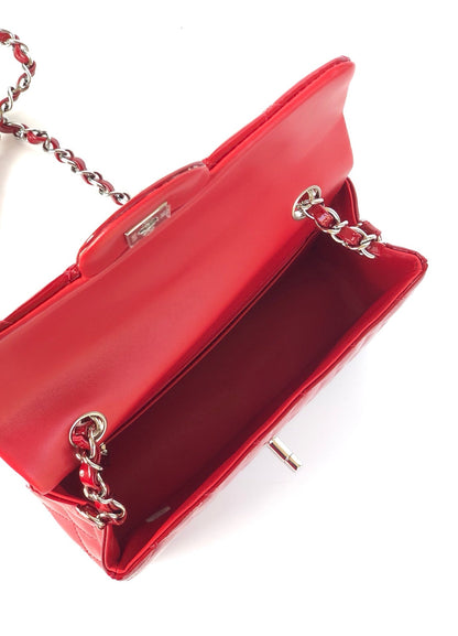 ミニ レクタングル フラップバッグ 20cm レッド パテントカーフスキン シルバー金具