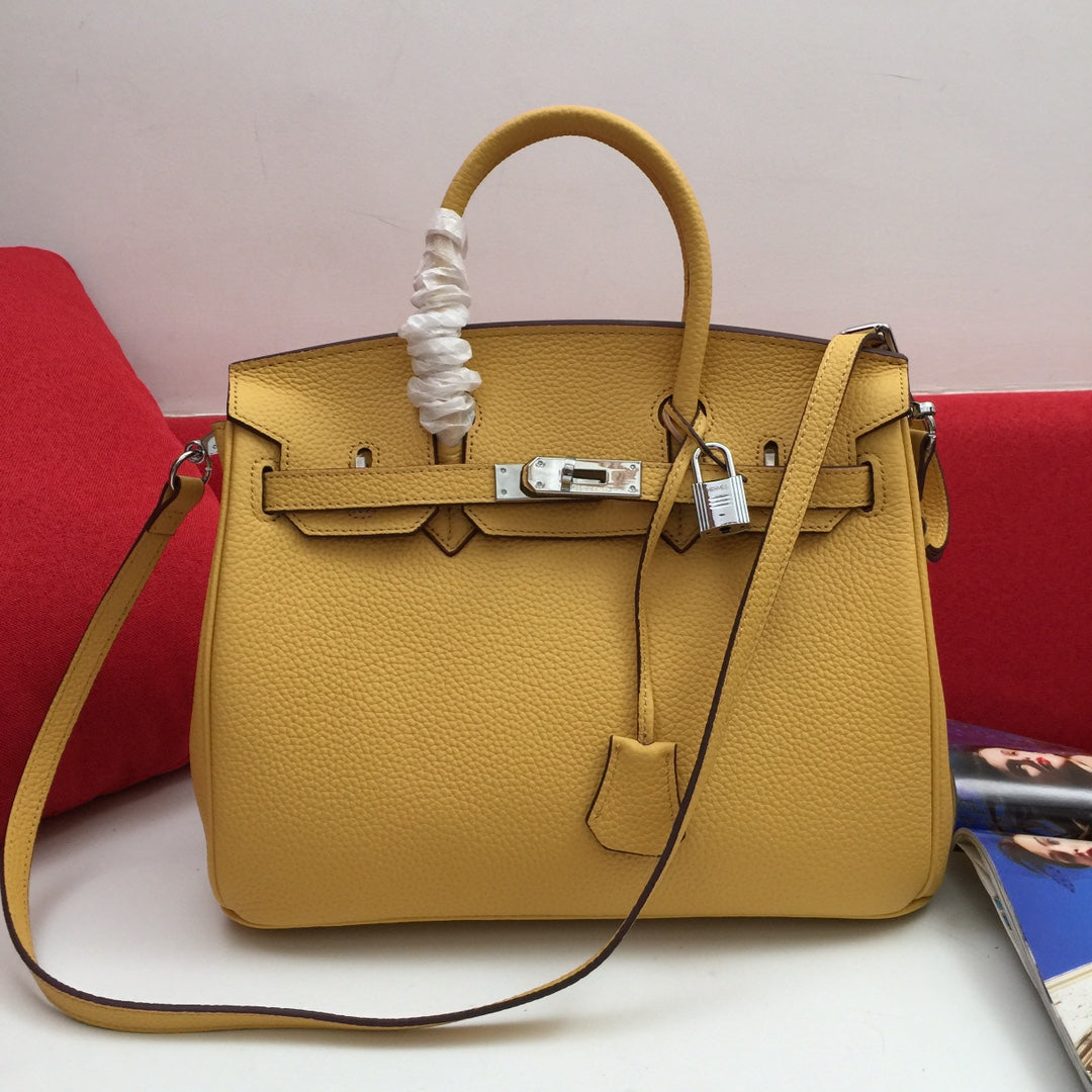 SAC HM BIRKIN 30 CM EN CUIR DE VEAU MOUTARDE ET QUINCAILLERIE ARGENTÉE