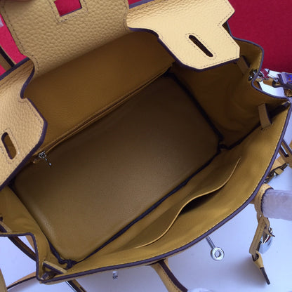 SAC HM BIRKIN 30 CM EN CUIR DE VEAU MOUTARDE ET QUINCAILLERIE ARGENTÉE