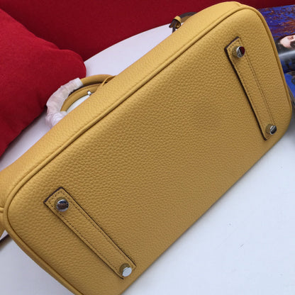 SAC HM BIRKIN 30 CM EN CUIR DE VEAU MOUTARDE ET QUINCAILLERIE ARGENTÉE