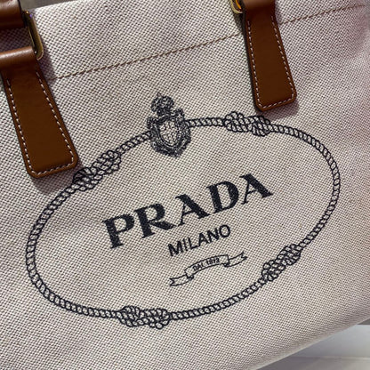 SAC CABAS 33 EN TOILE BLANCHE ET ANSE EN CUIR DE VEAU MARRON