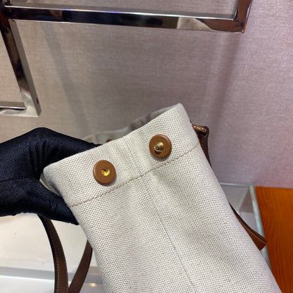 SAC CABAS 33 EN TOILE BLANCHE ET ANSE EN CUIR DE VEAU MARRON