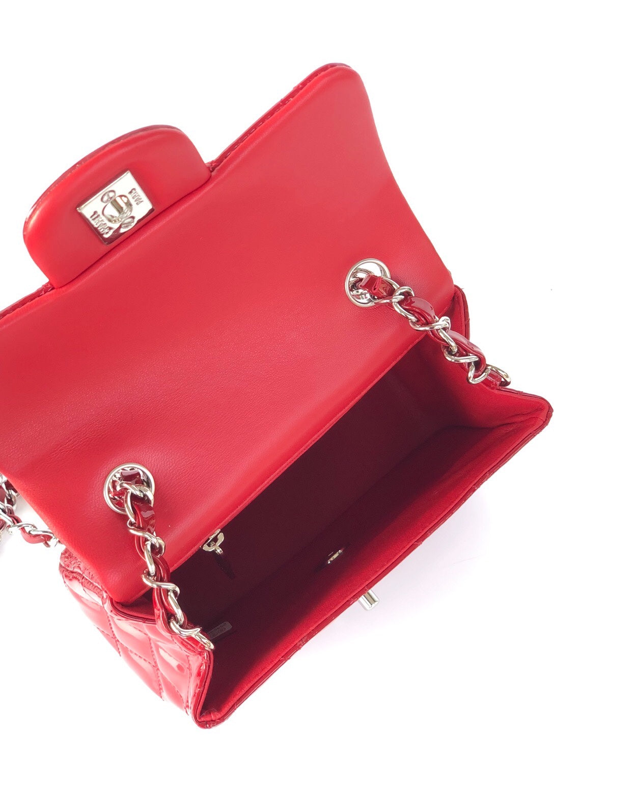 ミニスクエアフラップバッグ 17cm レッドパテントカーフスキン シルバー金具