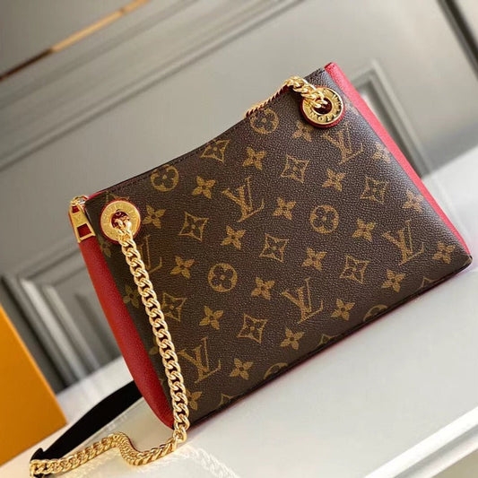 Sac bandoulière chaîne Surene BB 24 cm en toile monogrammée et cuir de veau rouge