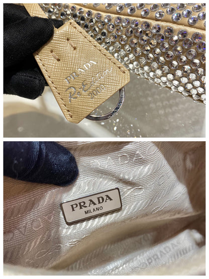 スパークリングホーボーバッグ23 ベージュナイロン 全面クリスタル付き
