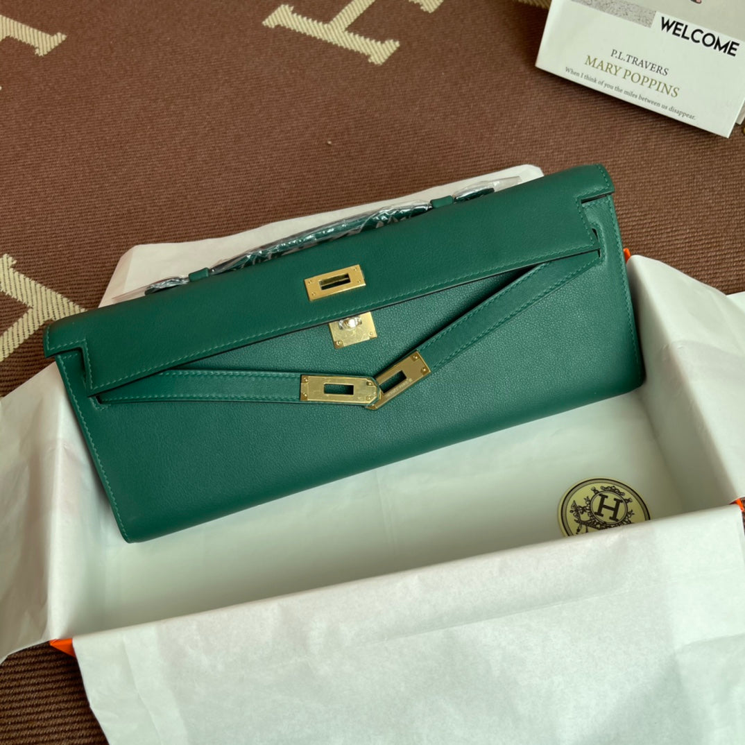 HM Kelly Cut 31 cm Cuir Swift Vert Foncé Ghw