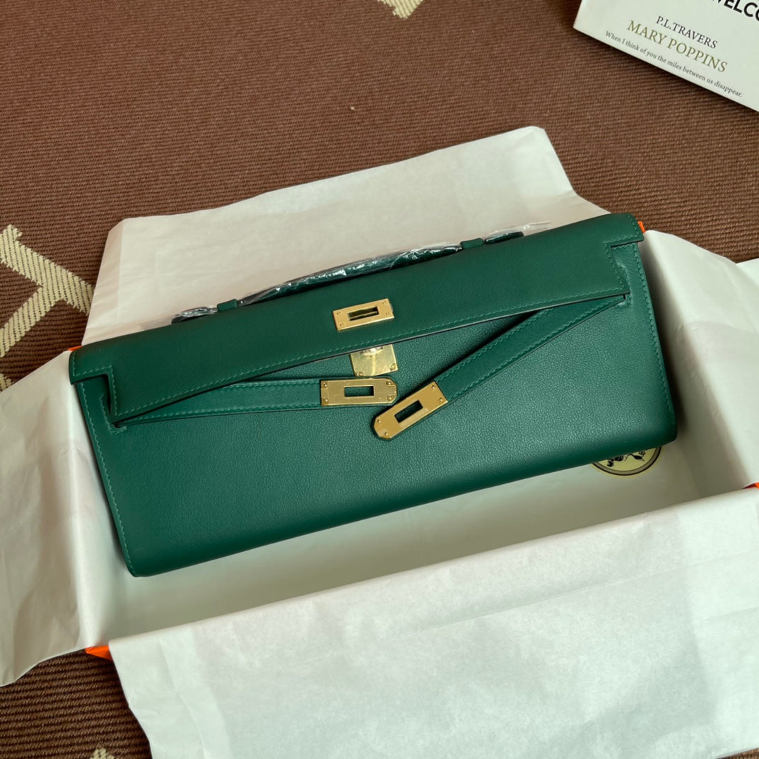 HM Kelly Cut 31 cm Cuir Swift Vert Foncé Ghw